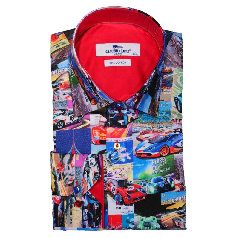 Claudio Lugli Red Shirt with classic pictures from racing at Le Mans, from Gabucci Bath