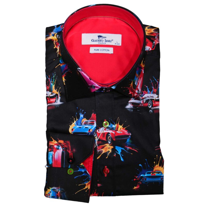 Claudio Lugli Black Shirt with pictures of classic over large paint splashes, from Gabucci Bath