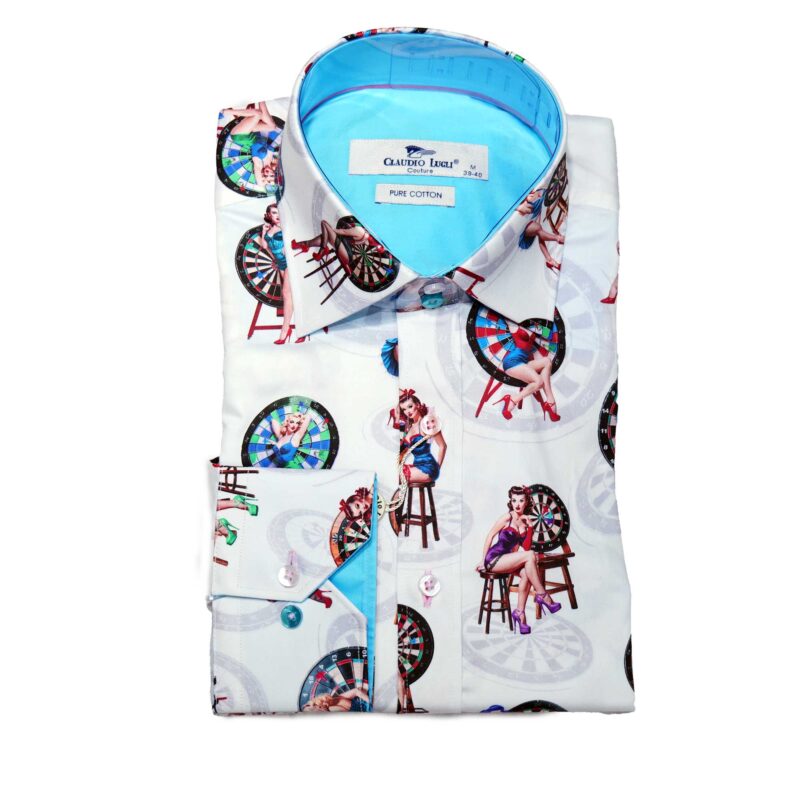 Claudio Lugli white shirt with dartboard and pin up girl