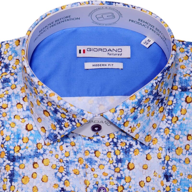 Giordano blue shirt with tiny yellow flowers with white petals, from Gabucci Menswear in Bath