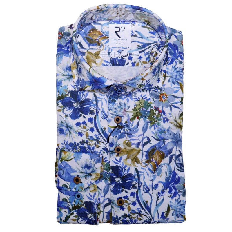 R2 white shirt with large beige and white summer flowers on blue foliage