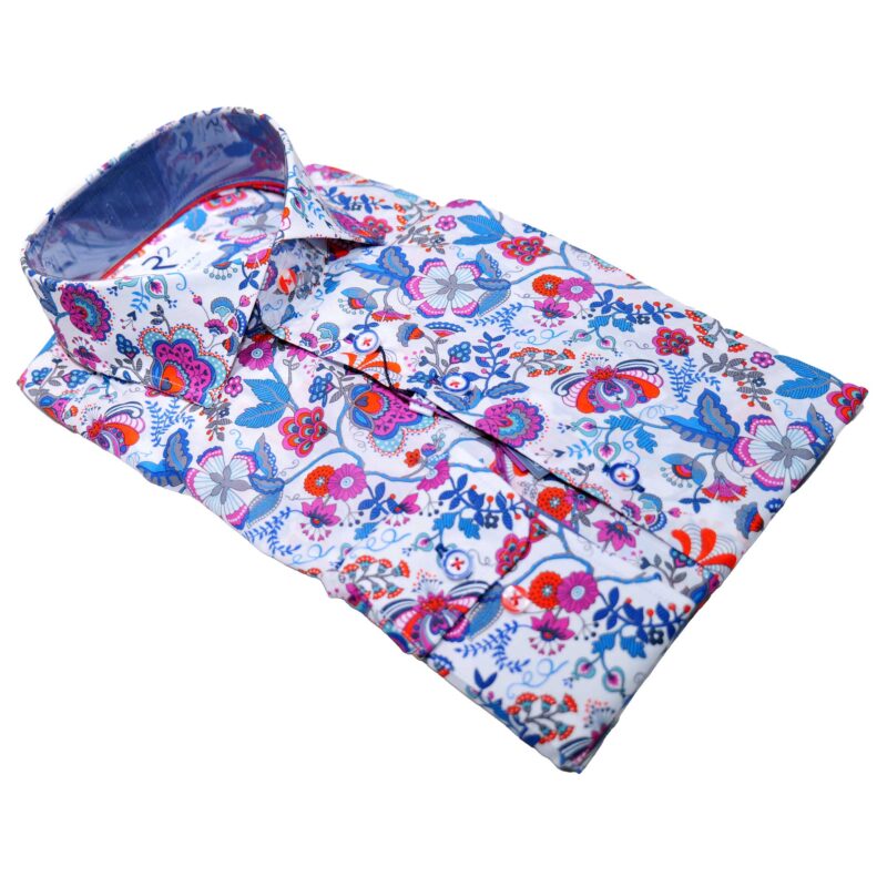 R2 Liberty print shirt with blue, orange and purple fantasy floral design. From Gabucci Menswear in Bath