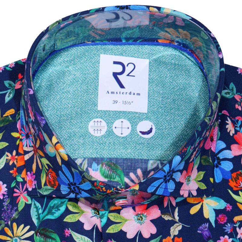 R2 dark blue shirt with illustrations of summer flowers on Texta Italian cloth