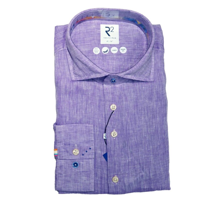 R2 purple linen shirt with detail stitching, coloured buttons and a tab on the cuff. From Gabucci Menswear in Bath