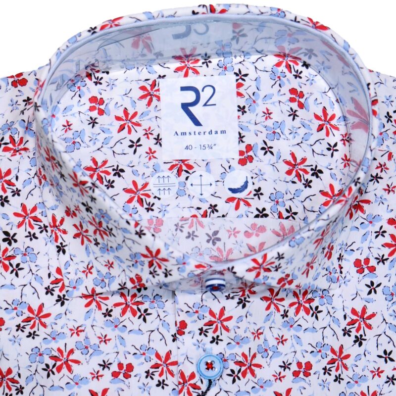 R2 white shirt with tiny red and blue flowers, and red stitching for the buttons