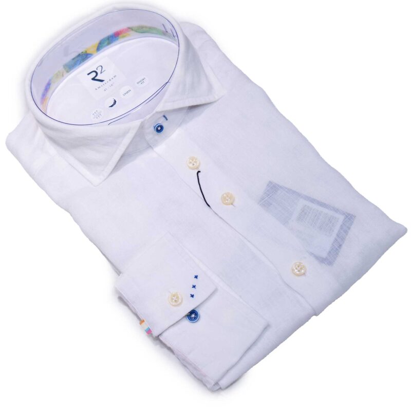 R2 white linen shirt with detail stitching, coloured buttons and a tab on the cuff. From Gabucci Menswear in Bath