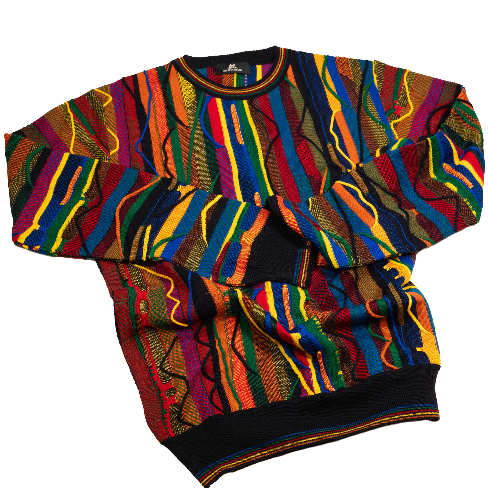 Montechiaro jumper with classic 3d design in green red yellow and blue, luxury Italian knitwear, beautifully designed and made. From Gabucci Bath.