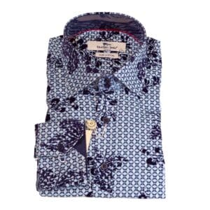 Claudio Lugli shirt in blue with a star deign over light blue and a dark blue flocking floral design overlaid from Gabucci Bath