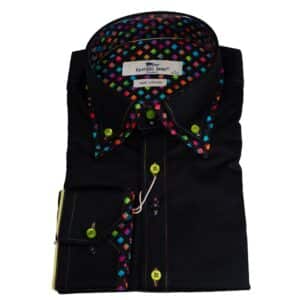 Claudio Lugli shirt in black with coloured cubes on cuffs and lower layer of its double collar. The design is a fun take on a formal dress shirt and the cube design carries through to the lining
