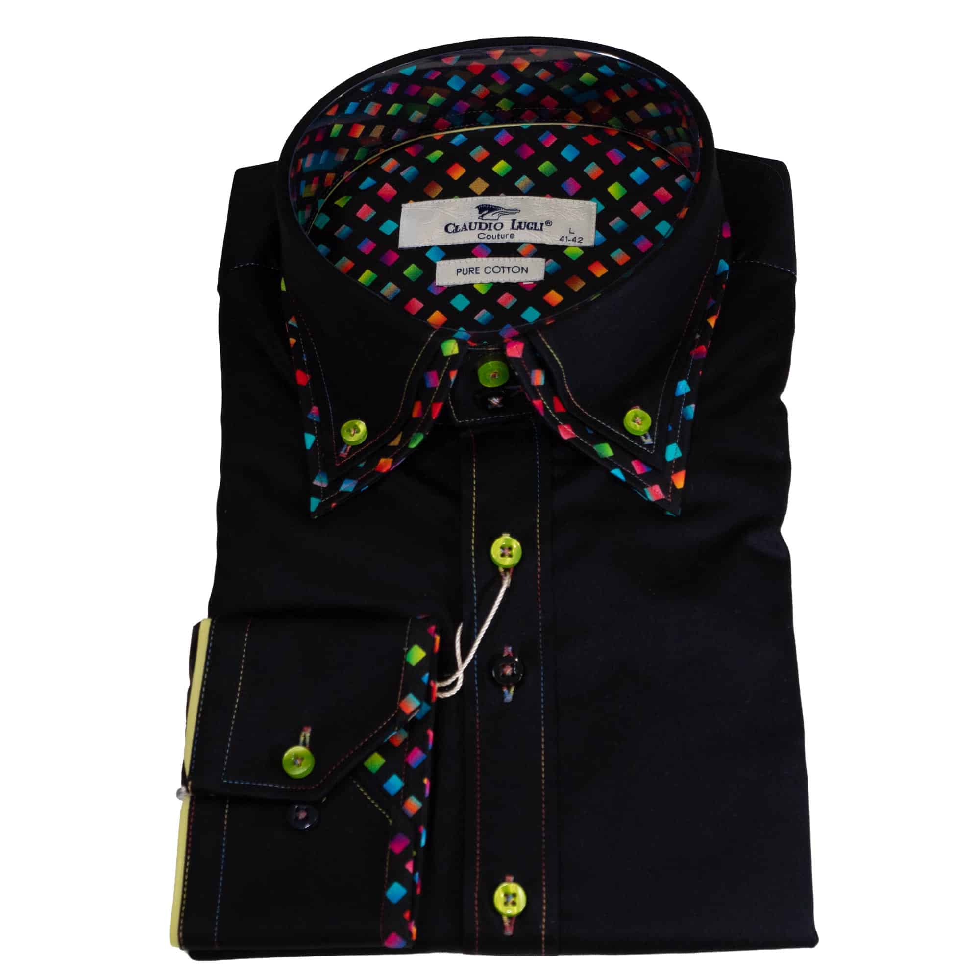 Claudio Lugli shirt in black with coloured cubes on cuffs and lower layer of its double collar. The design is a fun take on a formal dress shirt and the cube design carries through to the lining