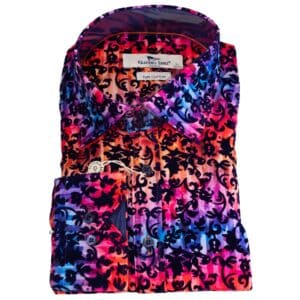 Claudio Lugli shirt in red blue and orange with a black flocking floral design with a luxury textured finish. A very special shirt form Gabucci Bath