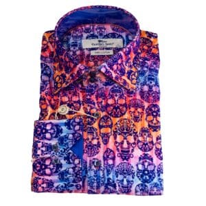 Claudio Lugli shirt in red blue and orange with a navy flocking finish depicting day of the dead skulls. A very special shirt form Gabucci Bath