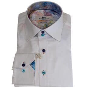 Claudio Lugli shirt in white with circle design and coloured buttons and a pastel floral lining