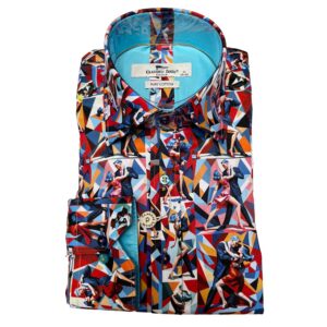 Claudio Lugli shirt in blue with couples dancing on a geometric background with a sky blue lining, from Gabucci Bath