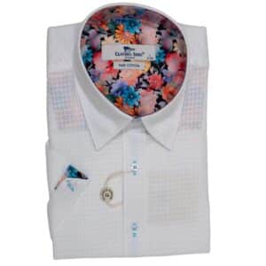 Claudio Lugli textured short sleeved shirt in white with a coloured buttons and a floral lining, from Gabucci Bath