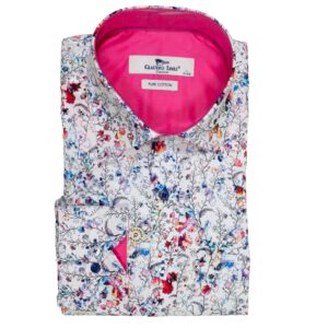 Claudio Lugli shirt in white with small colourful pink and blue exotic flowers, from Gabucci Bath