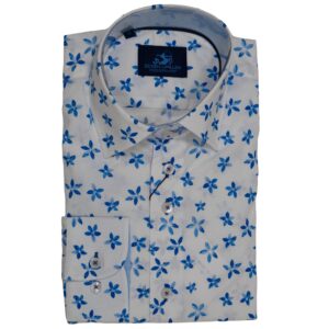 Eden Valley white shirt with large blue flowers from Gabucci Menswear, Bath