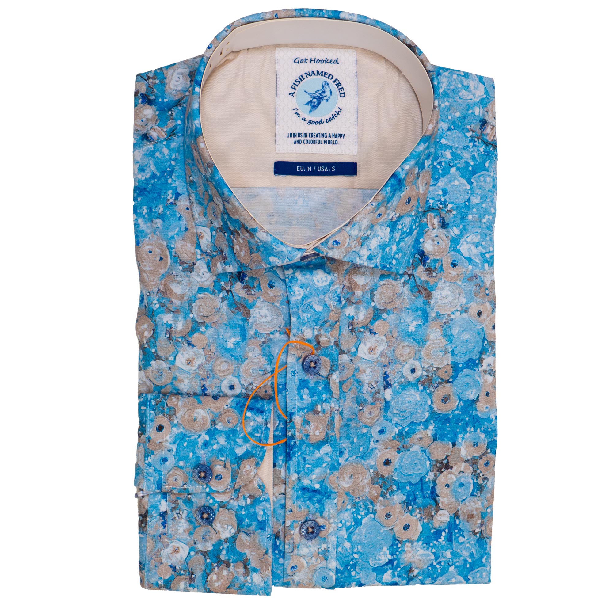 A Fish Named Fred blue shirt with blue beige Klimt flowers