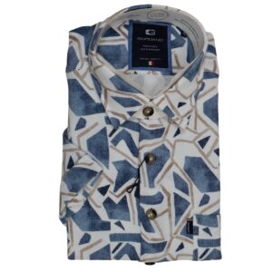 Giordano white short sleeved shirt with large geometric design in blue and brown, from Gabucci Menswear Bath
