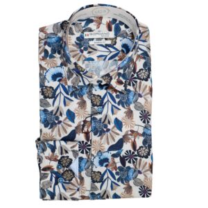 Giordano white shirt with large blue flowers and brown foliage, from Gabucci Menswear Bath