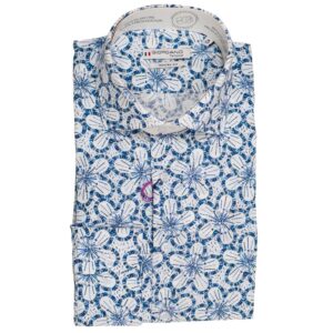Giordano white shirt on Liberty fabric with large blue flowers