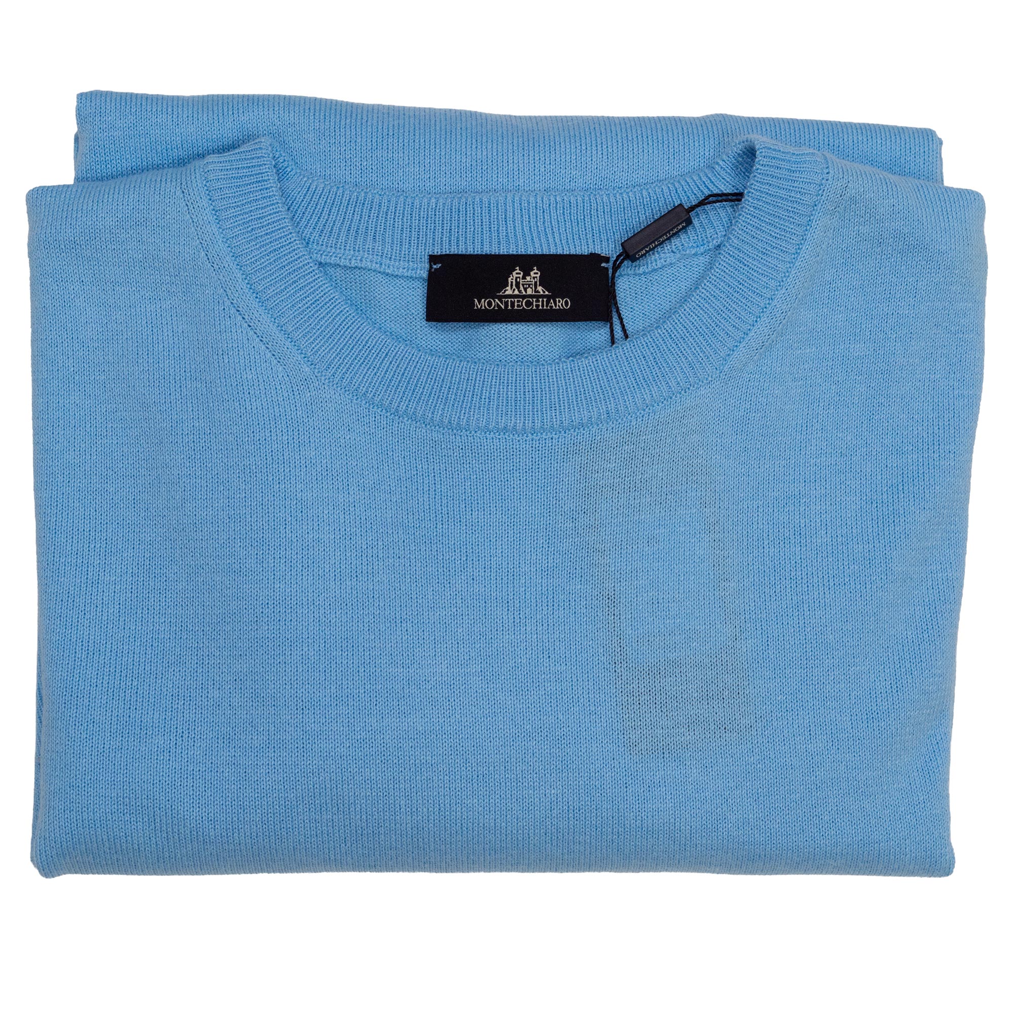 Montechiaro pale blue round neck jumper luxury Italian knitwear, beautifully designed and made. From Gabucci Bath.
