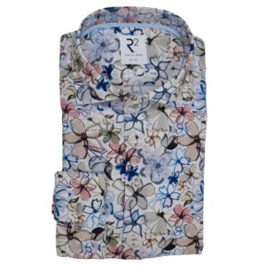R2 white shirt with pink blue and brown flowers and foliage, from Gabucci Bath