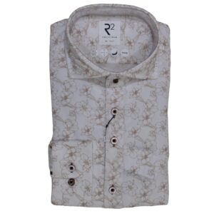 R2 white shirt with beige line drawings of flowers, from Gabucci Bath