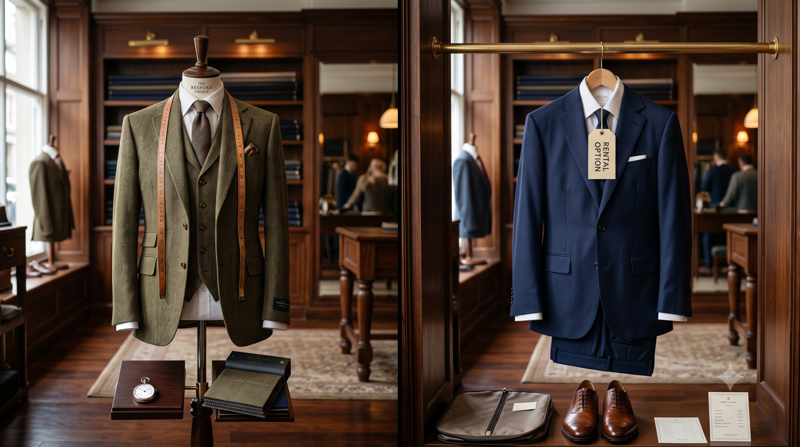 A guide to buying or renting a suit for the groom and guests for a wedding by Gabuccci Menswear Bath. The image is an AI representation of a choice between a bespoke suit and a rental suit.