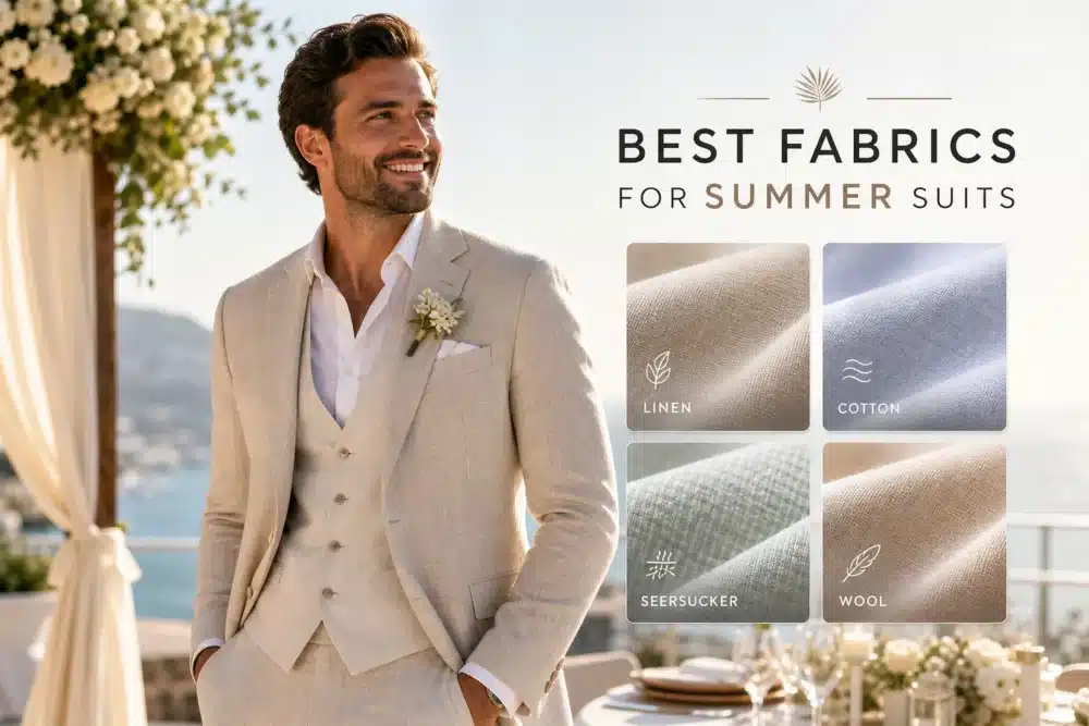AI generated image to represent fabric choices for men for a summer wedding