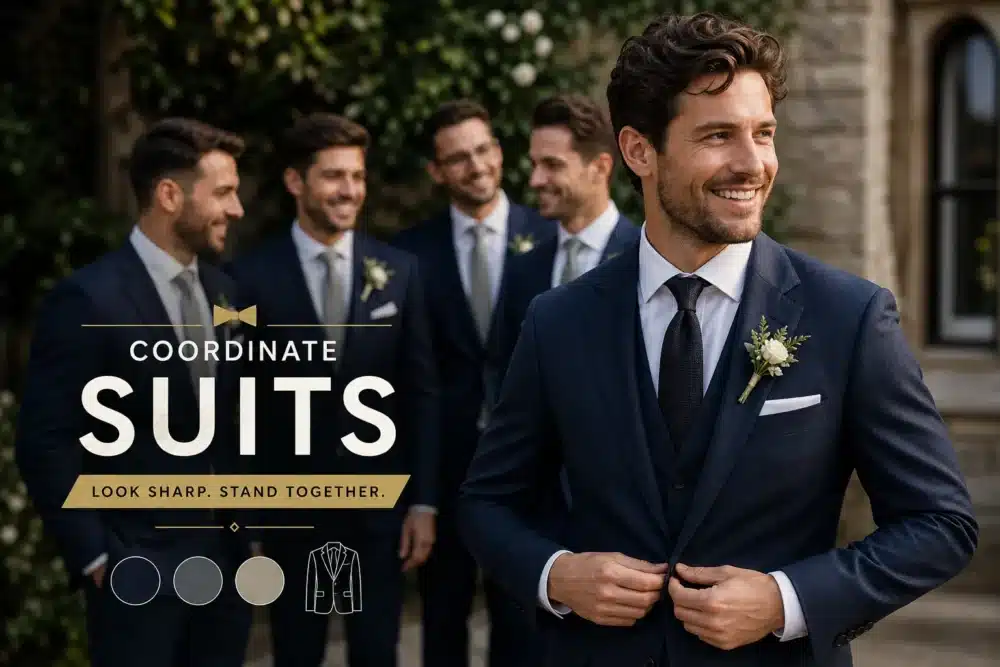 AI generated image of how to coordinate wedding party suits, produced for Gabucci Menswear Bath