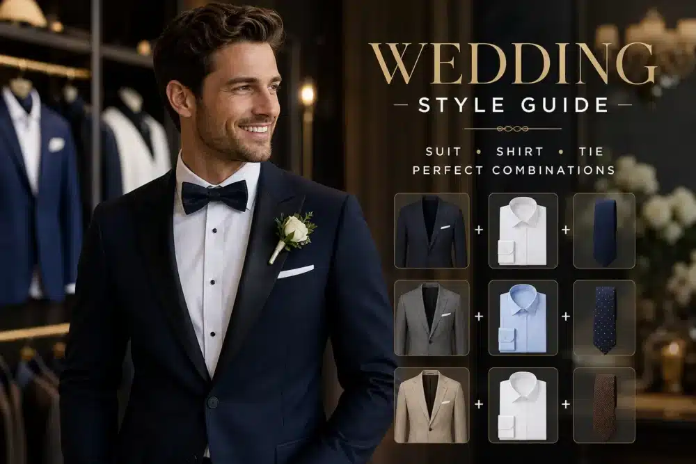 AI generated image of choosing the right tie and shirt for the suit, produced for Gabucci Menswear Bath