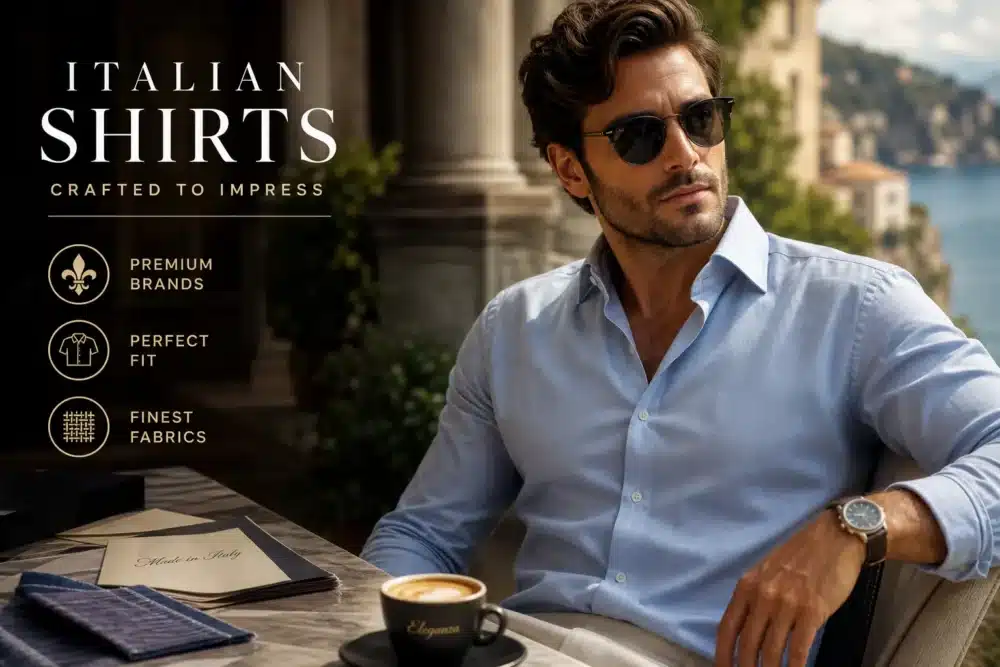 AI generated image of choosing the best Italian shirts, produced for Gabucci Menswear Bath