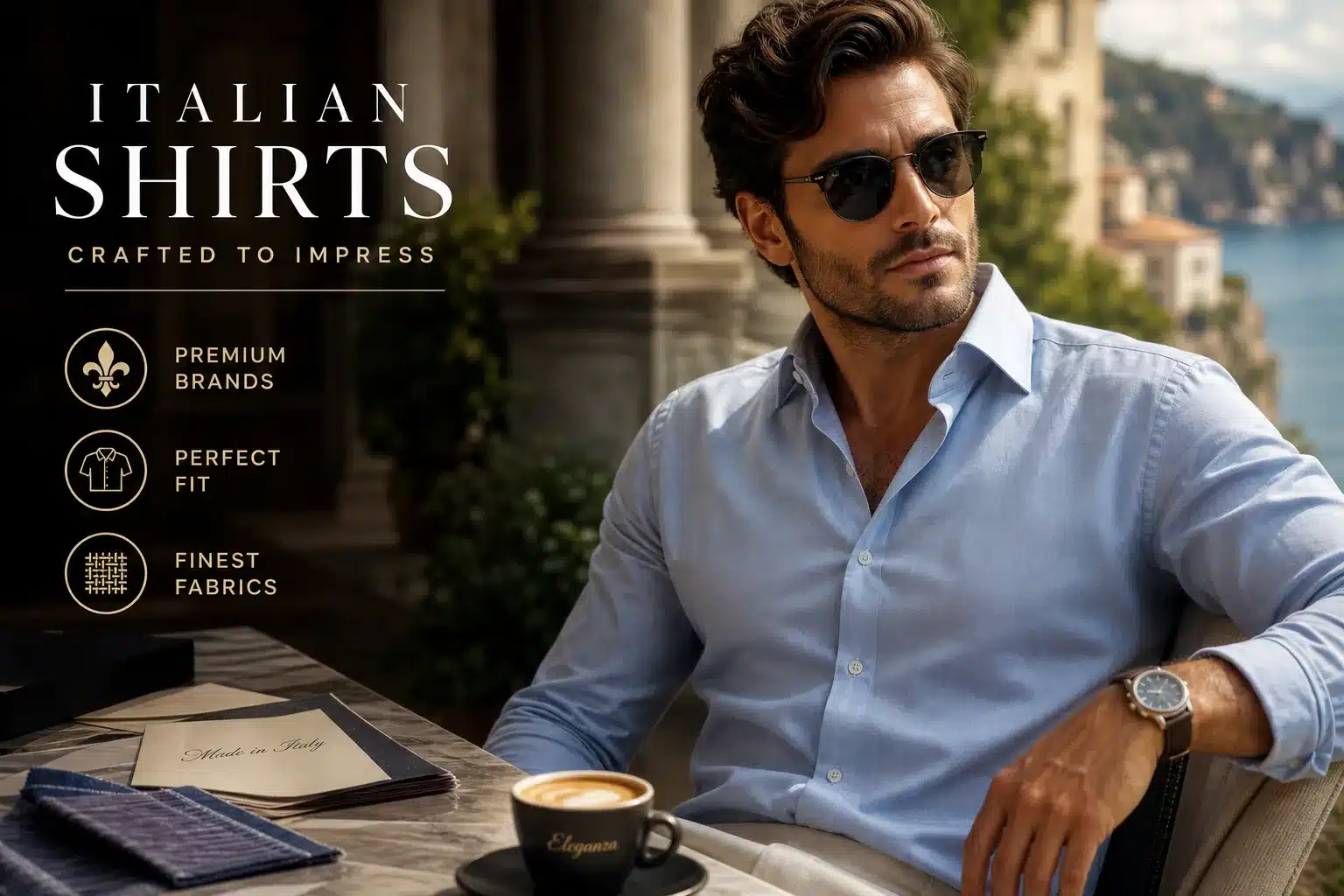 AI generated image of choosing the best Italian shirts, produced for Gabucci Menswear Bath
