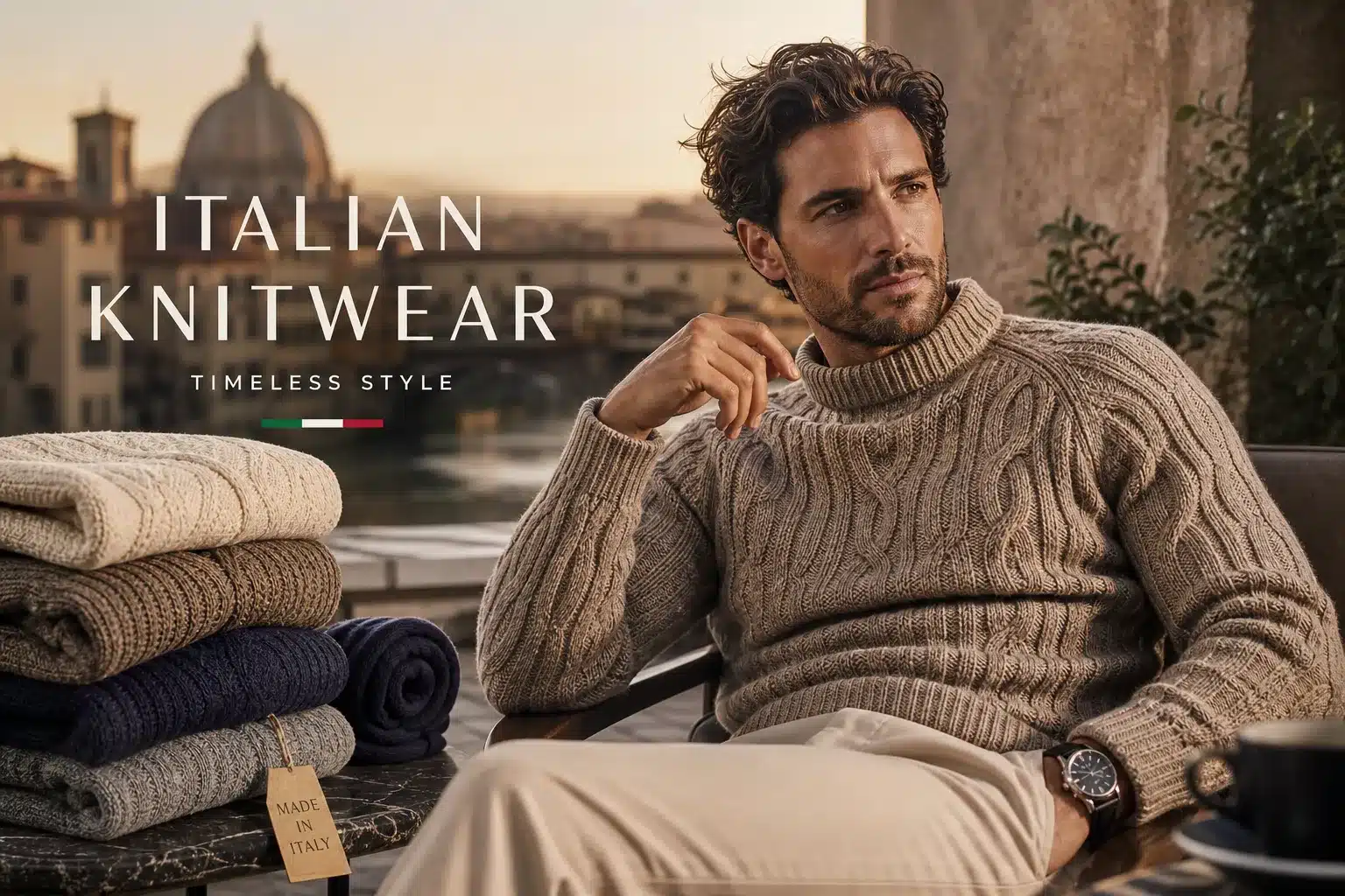 AI generated image of choosing quality Italian knitwear, produced for Gabucci Menswear Bath