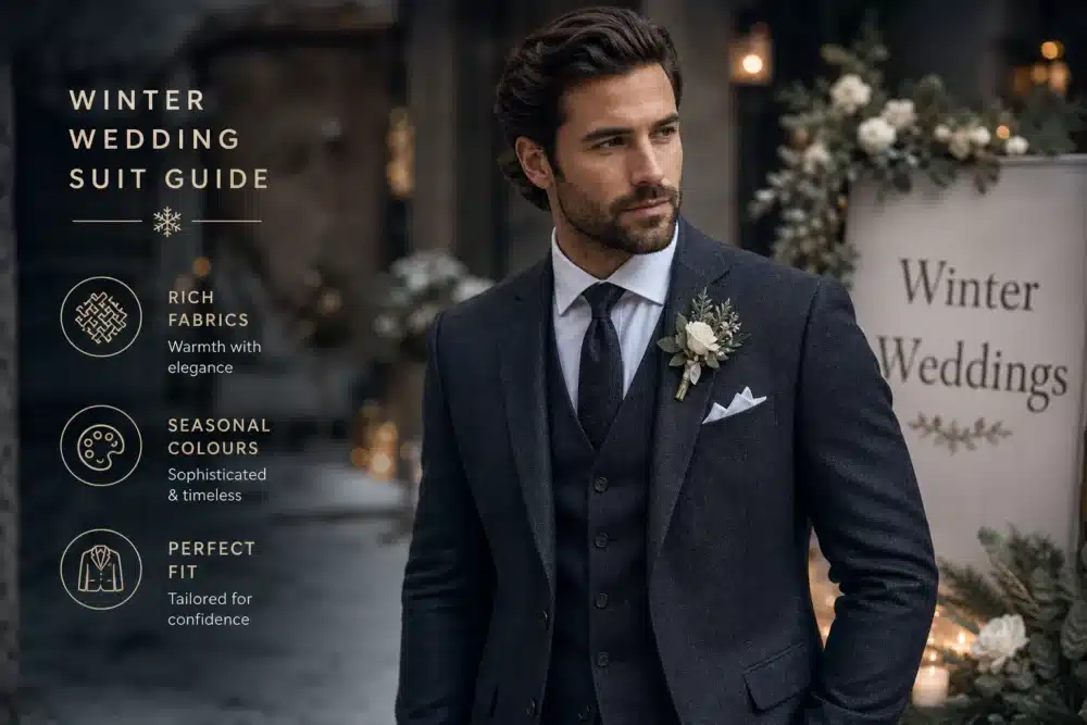 AI generated image of choosing a winter wedding suit, produced for Gabucci Menswear Bath