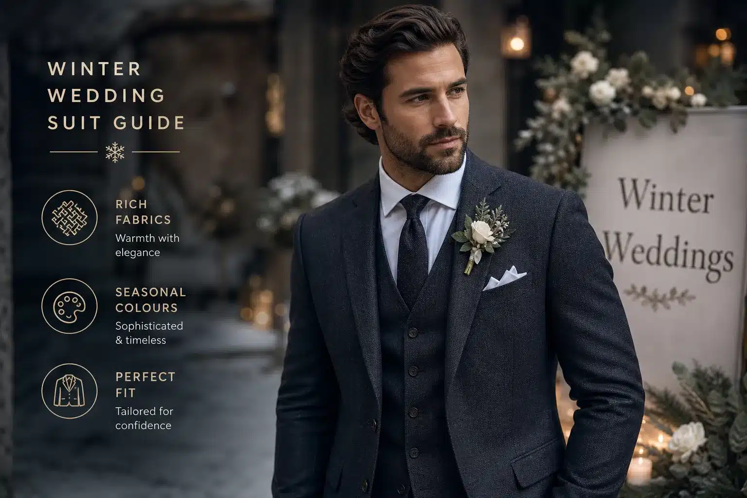 AI generated image of choosing a winter wedding suit, produced for Gabucci Menswear Bath