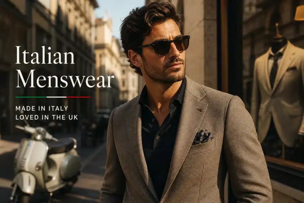 AI generated image of choosing the best Italian menswear, produced for Gabucci Menswear Bath