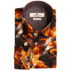 Claudio Lugli black shirt with fiery dragons in a dark sky, from Gabucci Menswear Bath