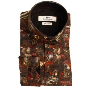 Claudio Lugli brown shirt with colourful instruments and a black lining, from Gabucci Menswear Bath