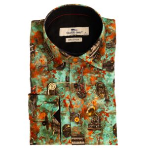 Claudio Lugli green shirt with colourful instruments and a black lining, from Gabucci Menswear Bath