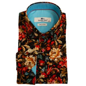 Claudio Lugli black shirt with large red and peach flowers with a pale blue lining, from Gabucci Menswear, Bath