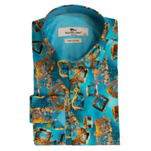 Claudio Lugli blue shirt with golden melting ice cubes and a pale blue lining, from Gabucci Menswear, Bath