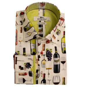 Claudio Lugli white shirt with colourful bottles of wine with a lime green lining, from Gabucci Menswear, Bath