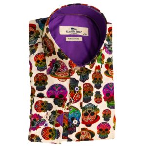 Claudio Lugli white day of the dead shirt with colourful skulls and a purple lining, from Gabucci Menswear Bath