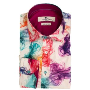 Claudio Lugli white shirt with red, green and purple smoke design, with a burgundy lining, from Gabucci Menswear Bath