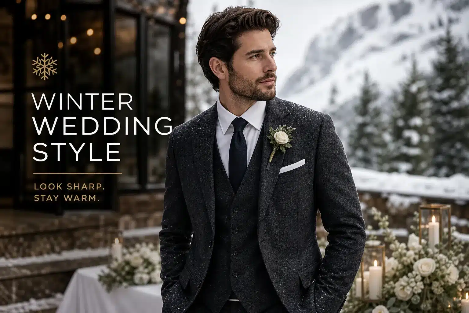 AI generated image of choosing a winter suit for the groom, produced for Gabucci Menswear Bath