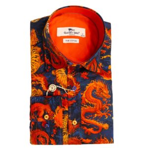 Claudio Lugli navy shirt with fiery dragons, from Gabucci Menswear Bath