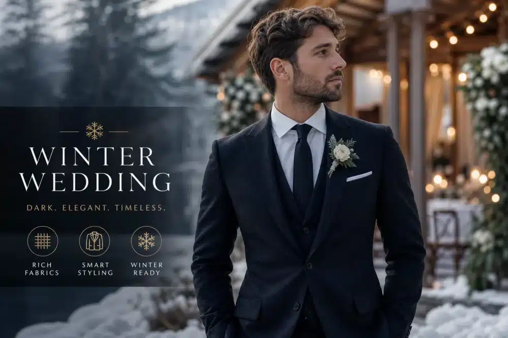 AI generated image of choosing a dark winter wedding suit, produced for Gabucci Menswear Bath